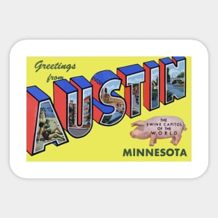 Greetings from Austin, Minnesota - Swine Capital of the World: Vintage Large Letter Postcard Sticker